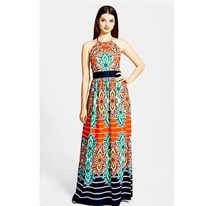 Eliza J metallic halter Red and Navy Maxi dress -M